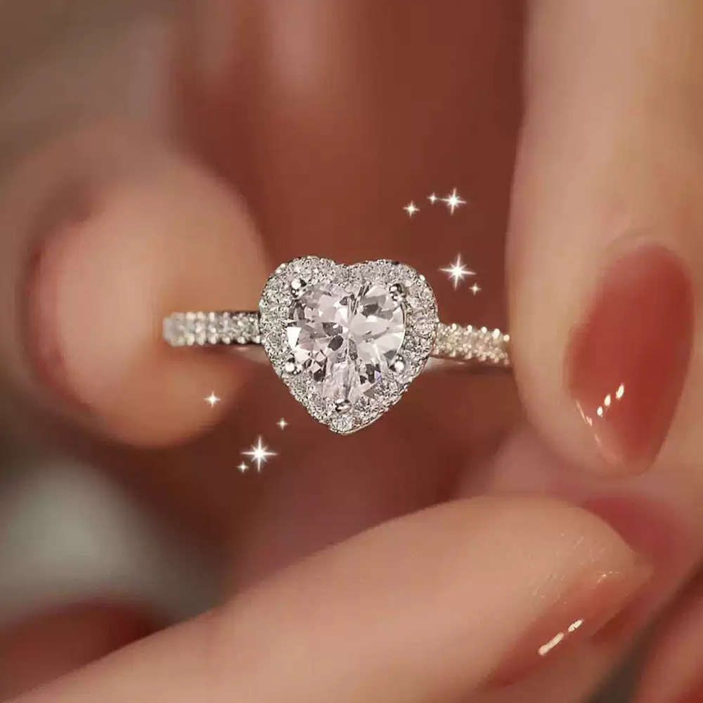 Sterling Silver Heart Cut Halo Engagement Ring with Pavé Shoulders