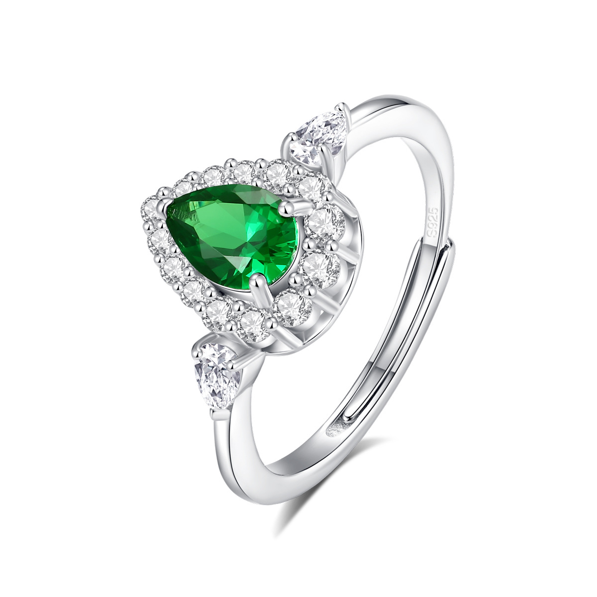 Sterling Silver Pear Cut Emerald Halo Ring, 925 Silver Adjustable Open Shank Promise Ring with Dainty CZ, Vintage Floral Engagement Cocktail Ring for Women