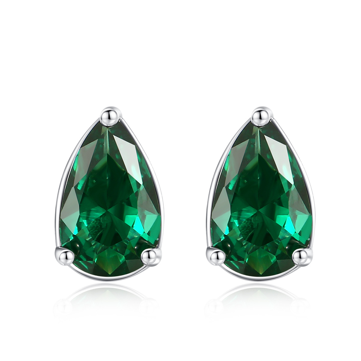 Classic Emerald Teardrop Stud Earrings with Simple Bezel Setting in Silver Tone