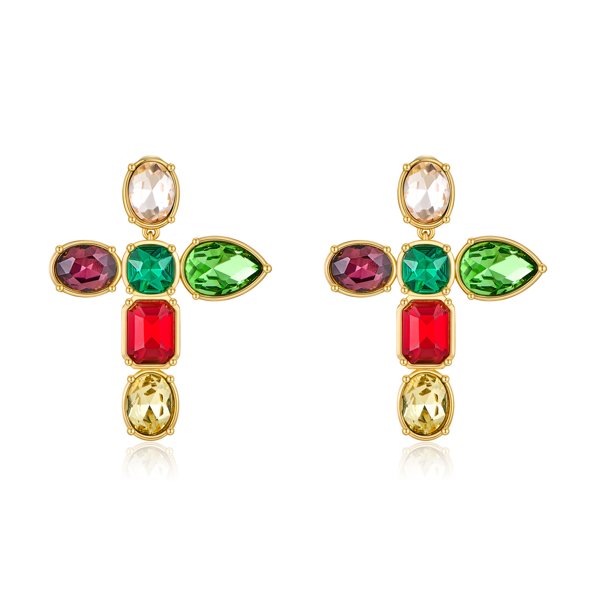 Gold-Tone Copper Statement Earrings with Multicolor Gemstone Inlay - Cross Design