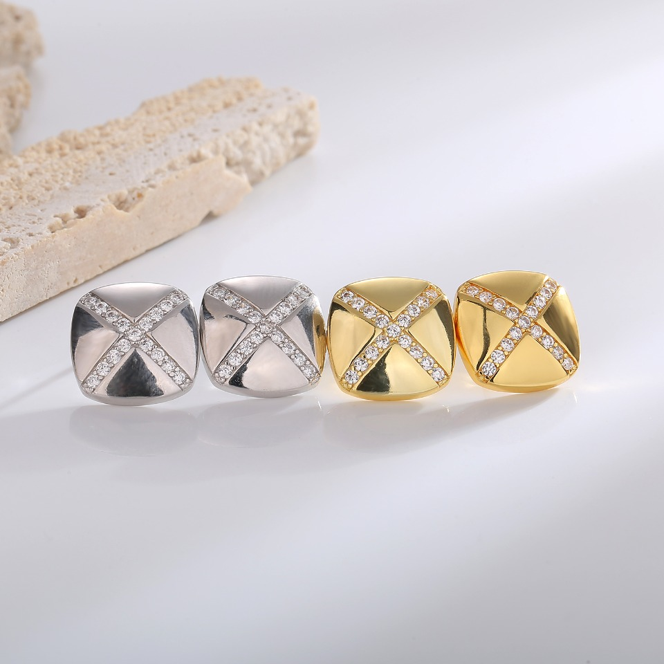Gold - Toned Stud Earrings with X - Shaped Pavé Diamond Accent