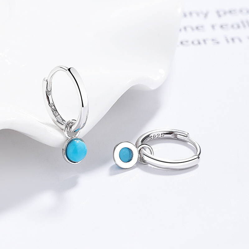 Classic Sterling Silver Lever-back Earrings with Round Blue Cabochon Drop