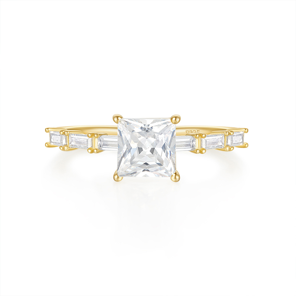 Sterling Silver Princess Cut Halo Ring with Tapered Baguette Side Stones