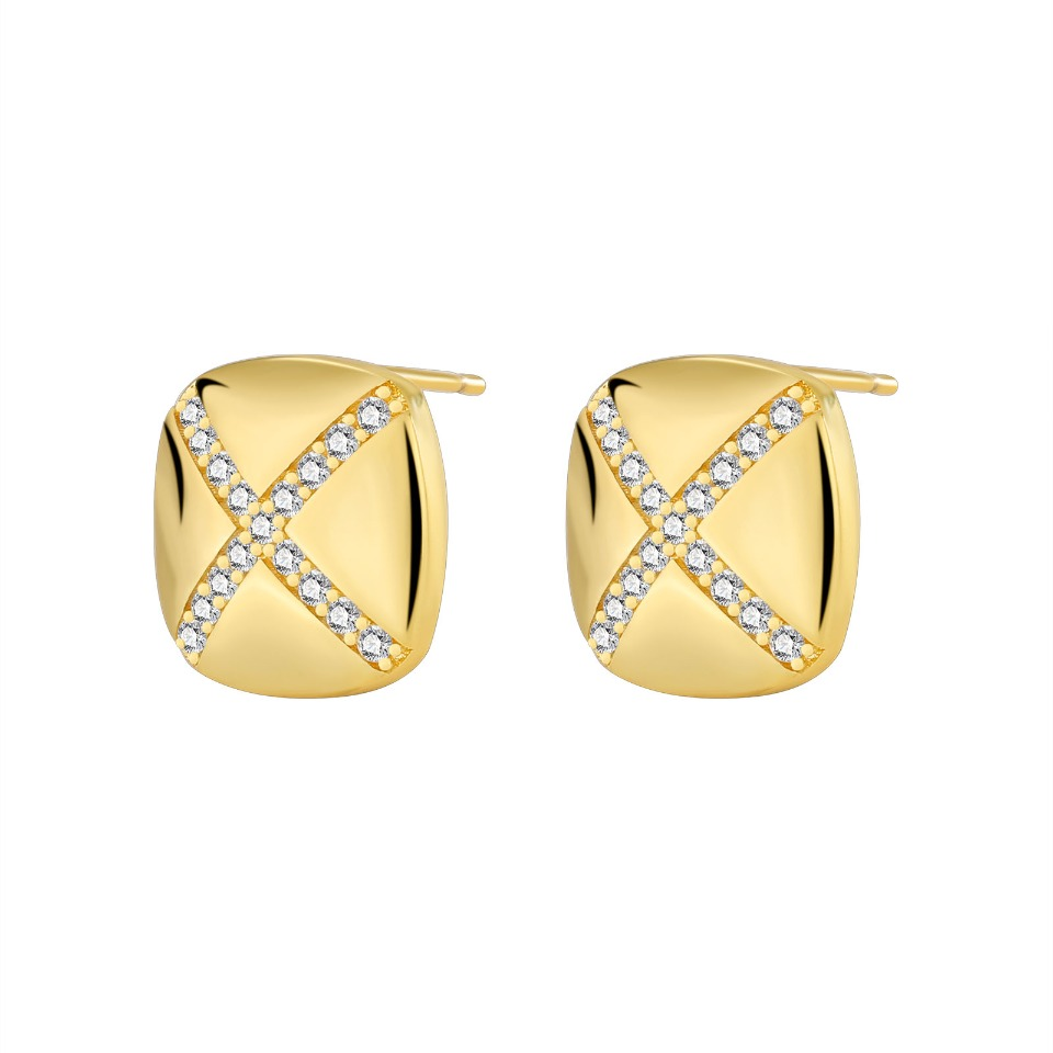 Gold - Toned Stud Earrings with X - Shaped Pavé Diamond Accent