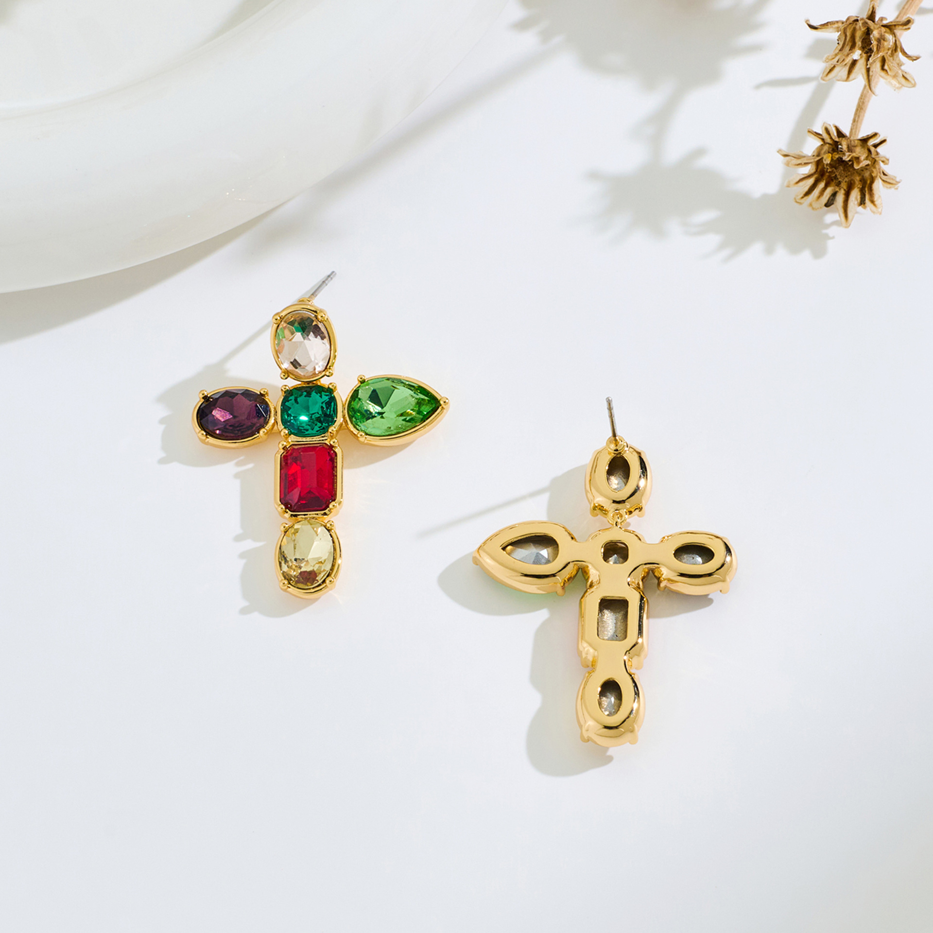 Gold-Tone Copper Statement Earrings with Multicolor Gemstone Inlay - Cross Design