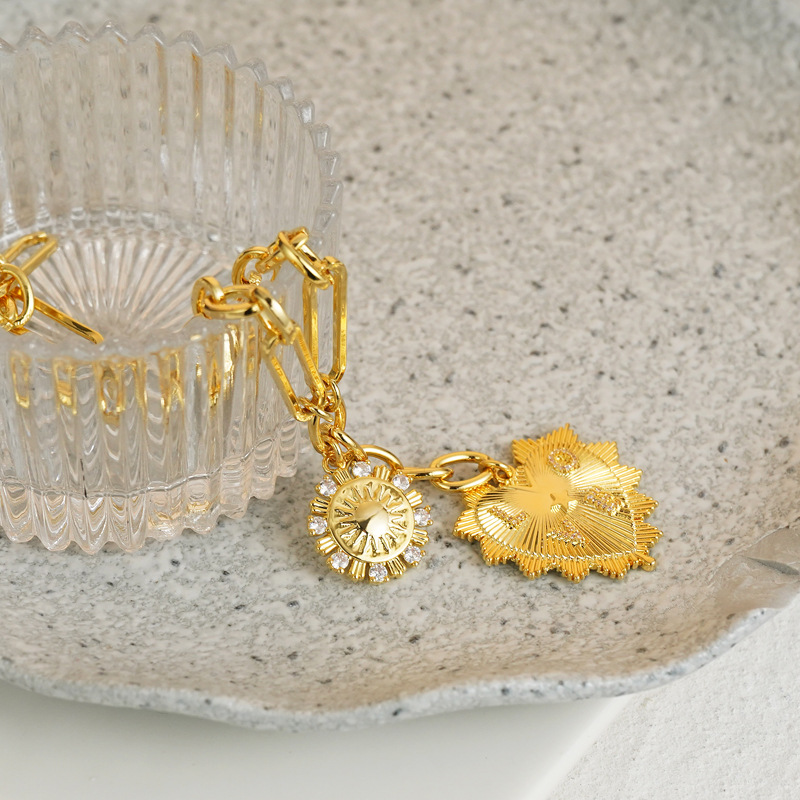 Gold Plated Sun and Heart Layered Pendant Necklace