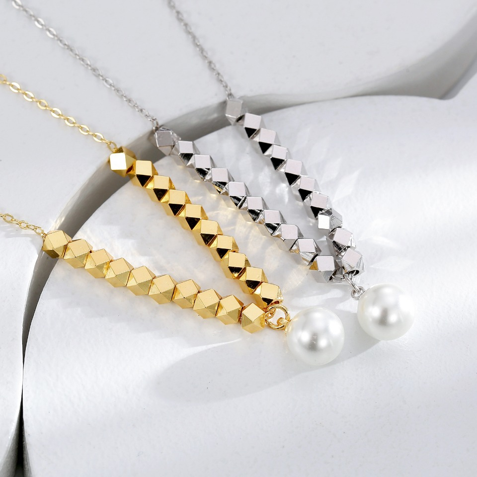 Gold-Plated Geometric Satellite Chain Necklace with Simulated Pearl Drop Pendant