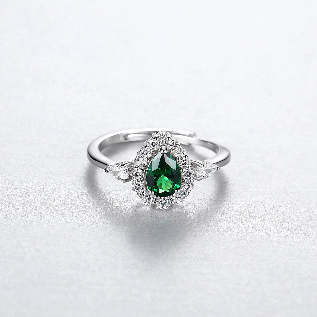 Sterling Silver Pear Cut Emerald Halo Ring, 925 Silver Adjustable Open Shank Promise Ring with Dainty CZ, Vintage Floral Engagement Cocktail Ring for Women
