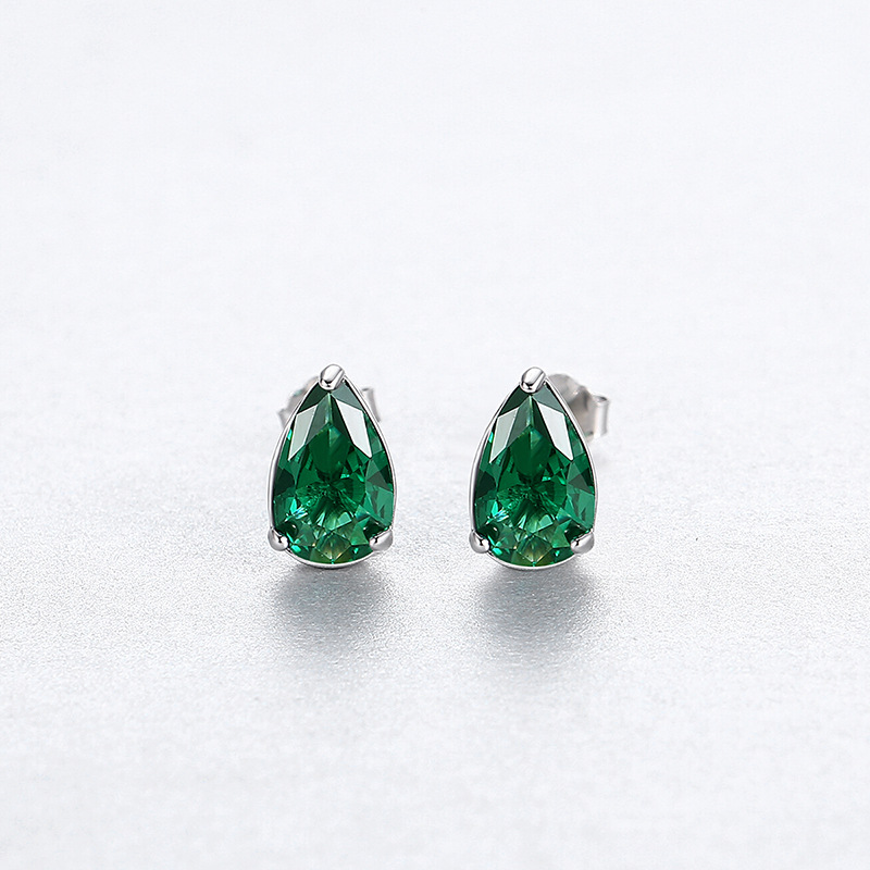 Classic Emerald Teardrop Stud Earrings with Simple Bezel Setting in Silver Tone