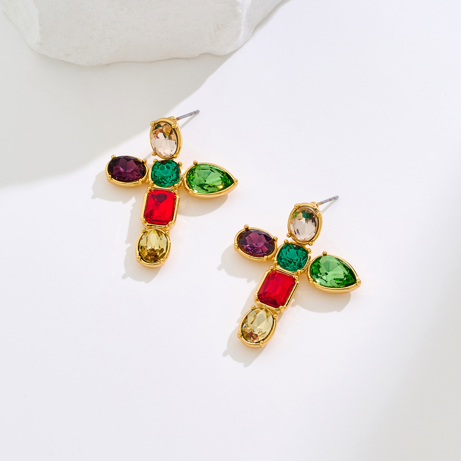 Gold-Tone Copper Statement Earrings with Multicolor Gemstone Inlay - Cross Design