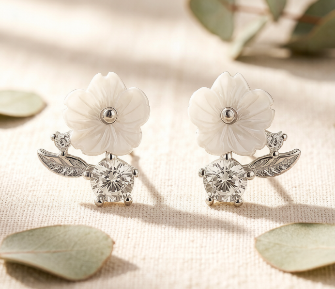 Sterling Silver White Teardrop Flower & Cubic Zirconia Earrings
