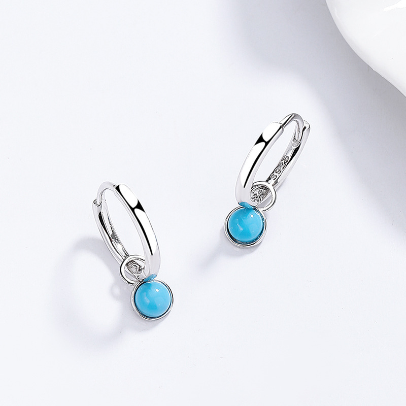 Classic Sterling Silver Lever-back Earrings with Round Blue Cabochon Drop