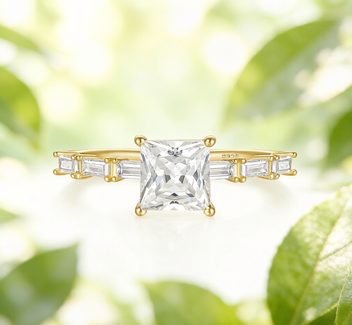 Sterling Silver Princess Cut Halo Ring with Tapered Baguette Side Stones