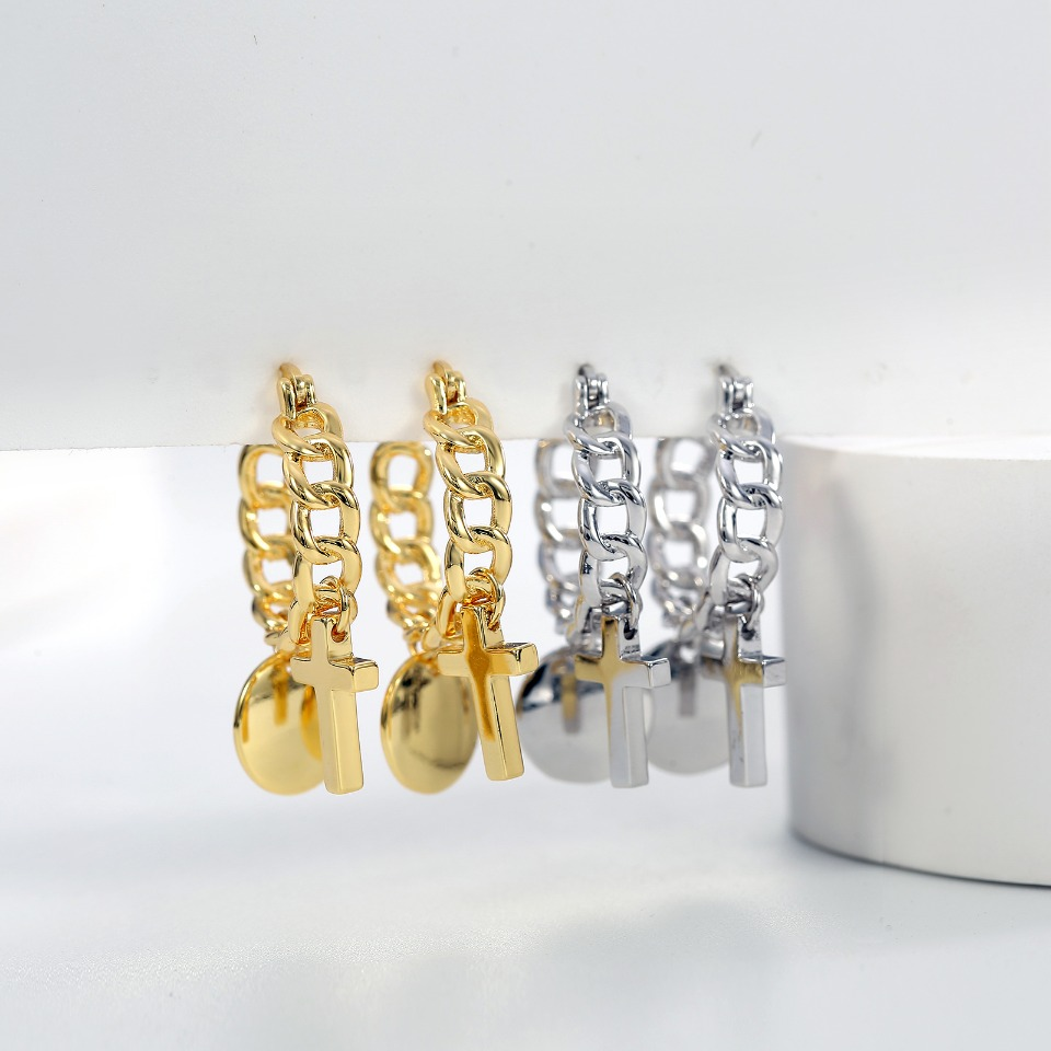 Gold - Plated Chain Hoop Earrings with Cross & Disc Charms
