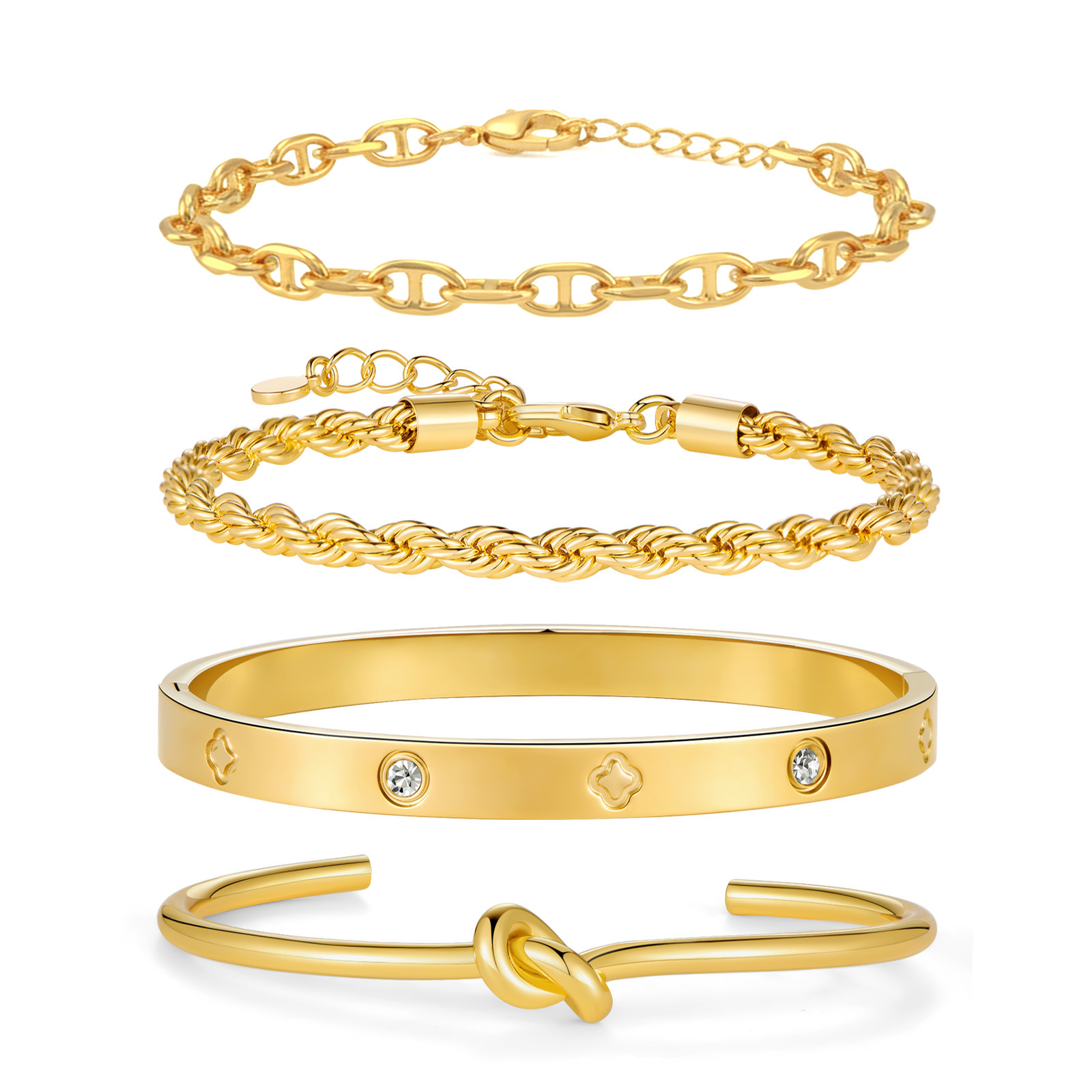 4-Piece Gold Plated Copper Bangle Set - Mixed Styles: Love Knot, Diamond Accent, Braided & Paperclip Cuff Bracelets for Women