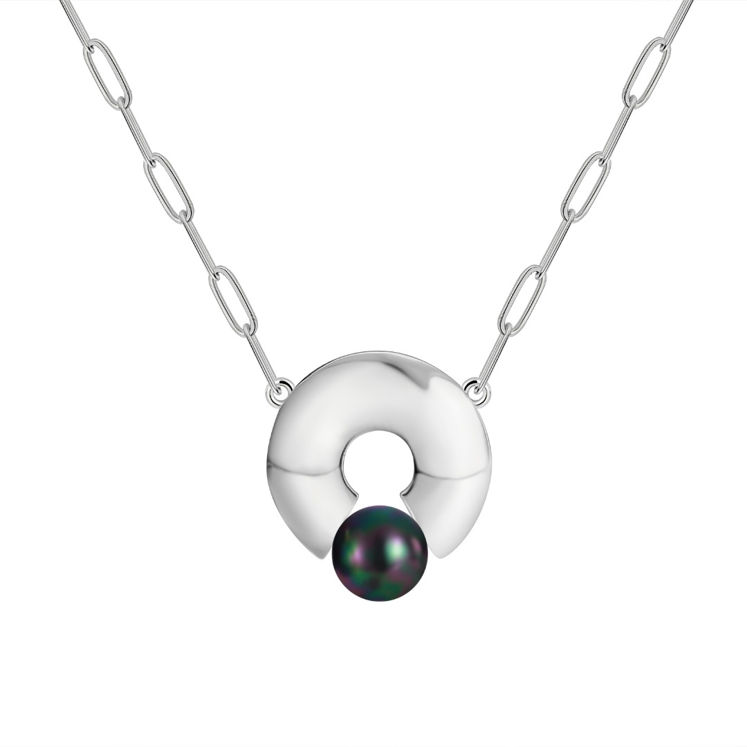 Modernist Sterling Silver U-Shaped Pendant Necklace with Black Tahitian Pearl