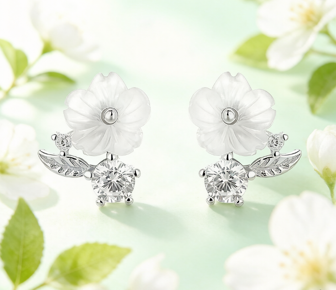 Sterling Silver White Teardrop Flower & Cubic Zirconia Earrings