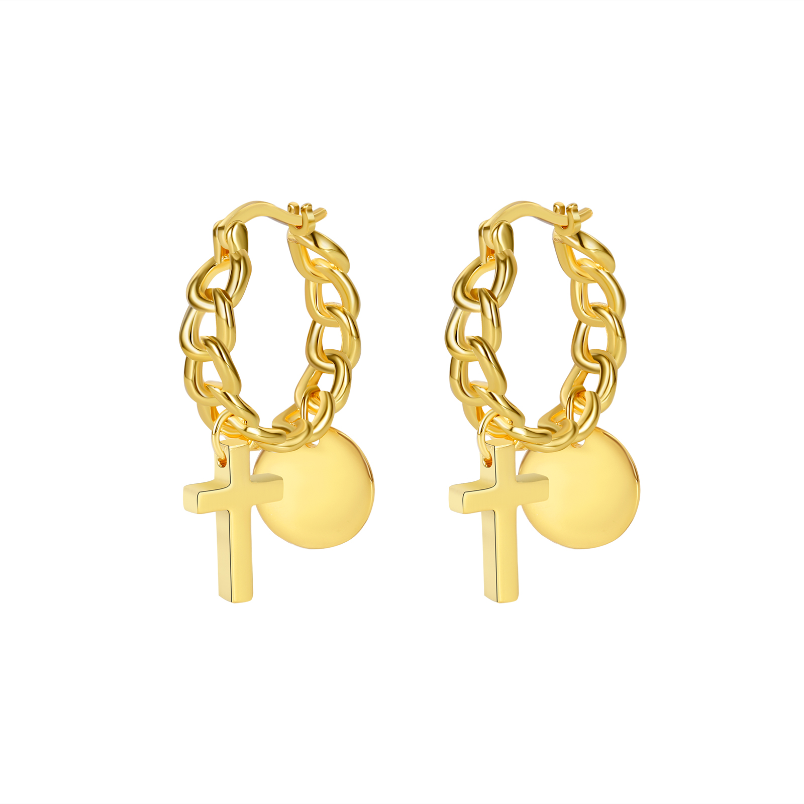 Gold - Plated Chain Hoop Earrings with Cross & Disc Charms
