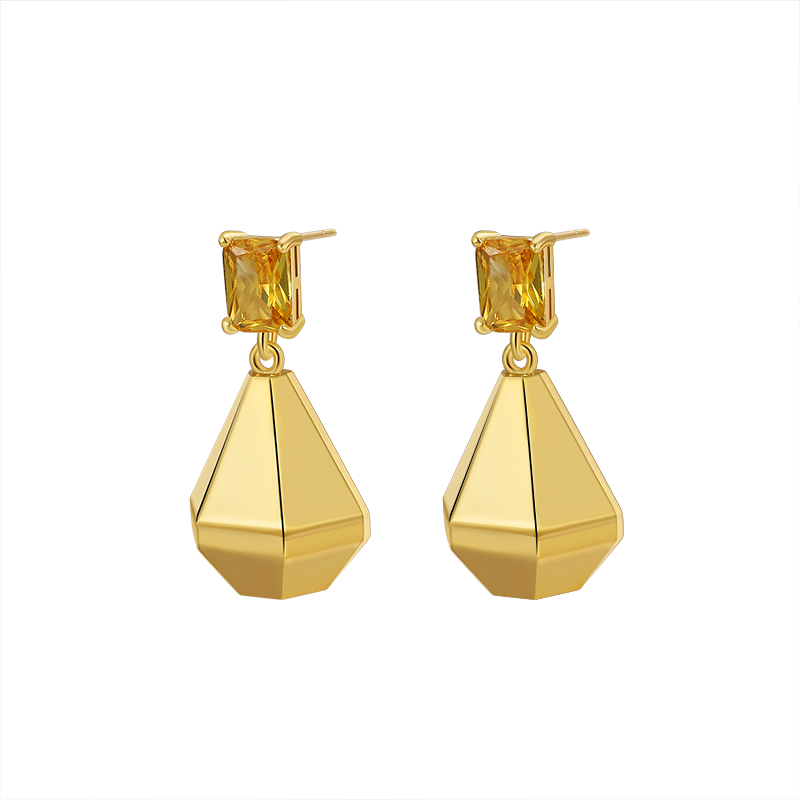 Gold - Toned Drop Earrings with Emerald - Cut Yellow Gemstone and Geometric Faceted Pendant