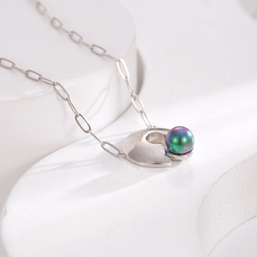 Modernist Sterling Silver U-Shaped Pendant Necklace with Black Tahitian Pearl