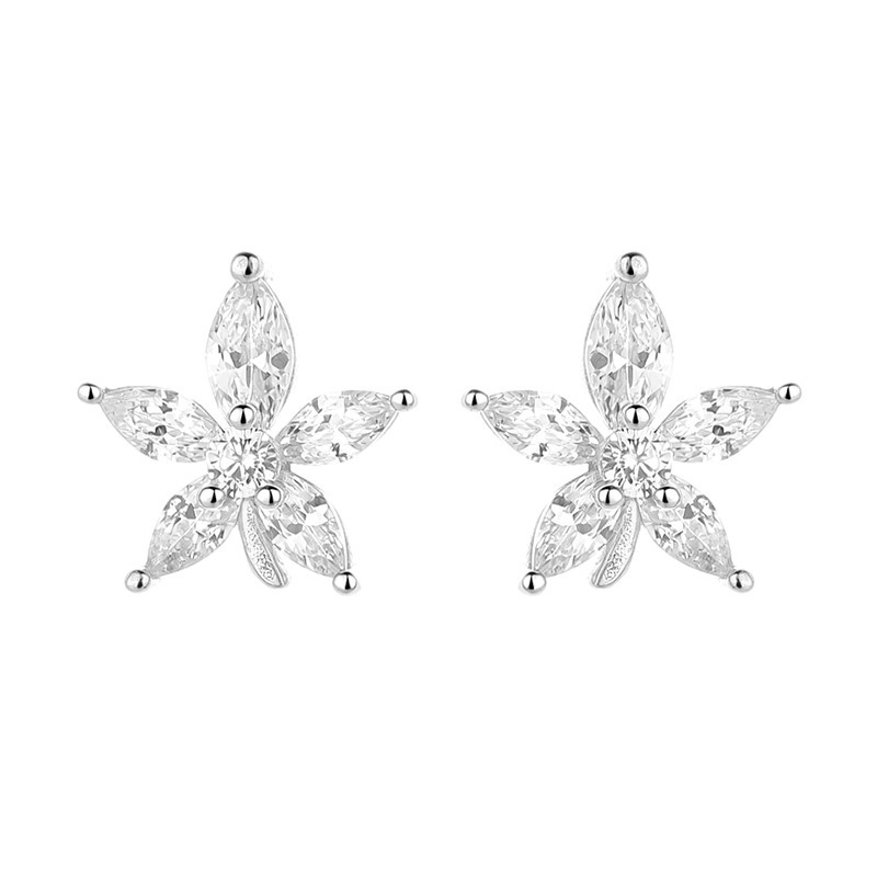Sterling Silver Marquise Cut Flower Stud Earrings with Cubic Zirconia