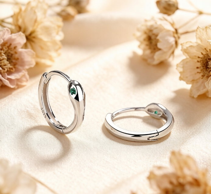 Classic Sterling Silver Hoop Earrings with Emerald Gemstone Accents