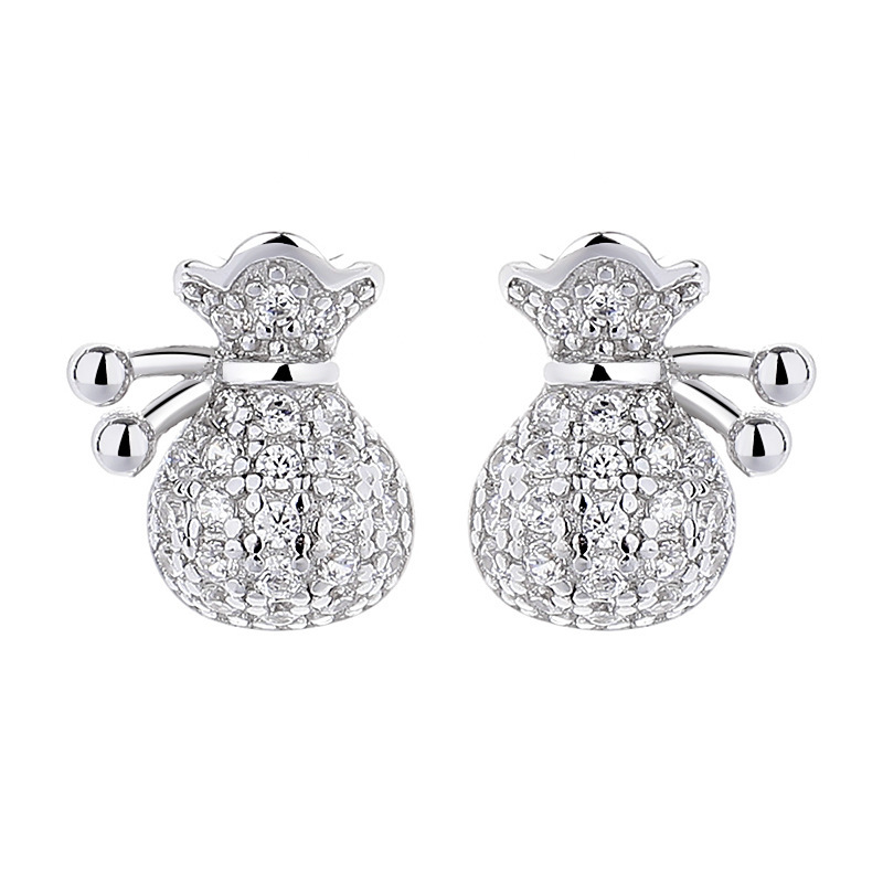 S925 Sterling Silver Pavé Money Bag / Fortune Bag Stud Earrings