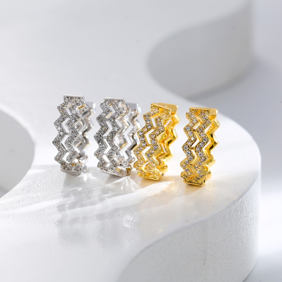 Gold - Plated Zigzag - Cut Hoop Earrings with Cubic Zirconia Accents