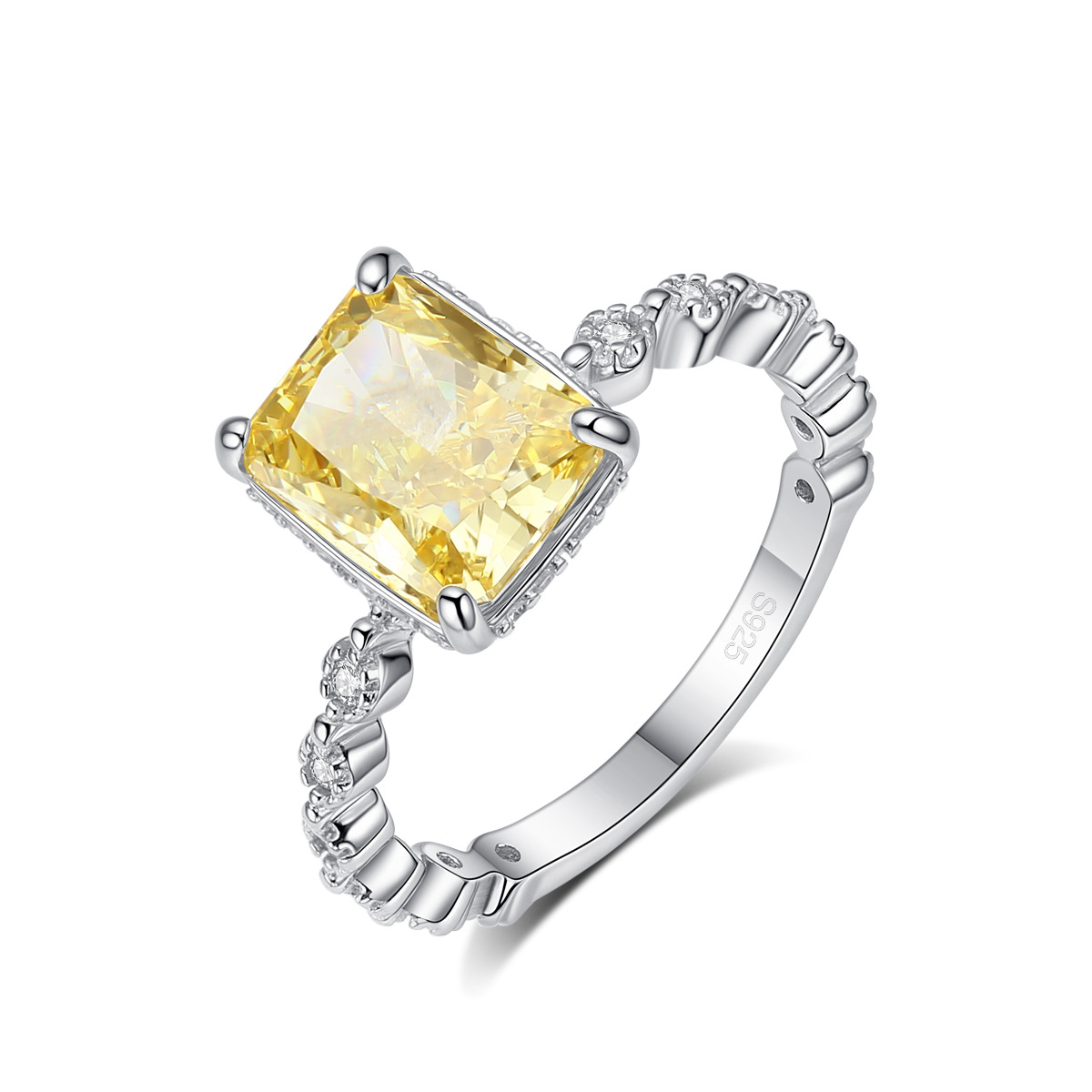 Sterling Silver Emerald Cut Yellow Gemstone Ring, 925 Silver Vintage Flower Halo Promise Ring, Dainty Cocktail Engagement Ring for Women