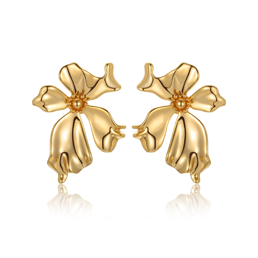 Heavy Metal Flower Earrings - Textured Gold Plated Copper Sculptural Studs for Women