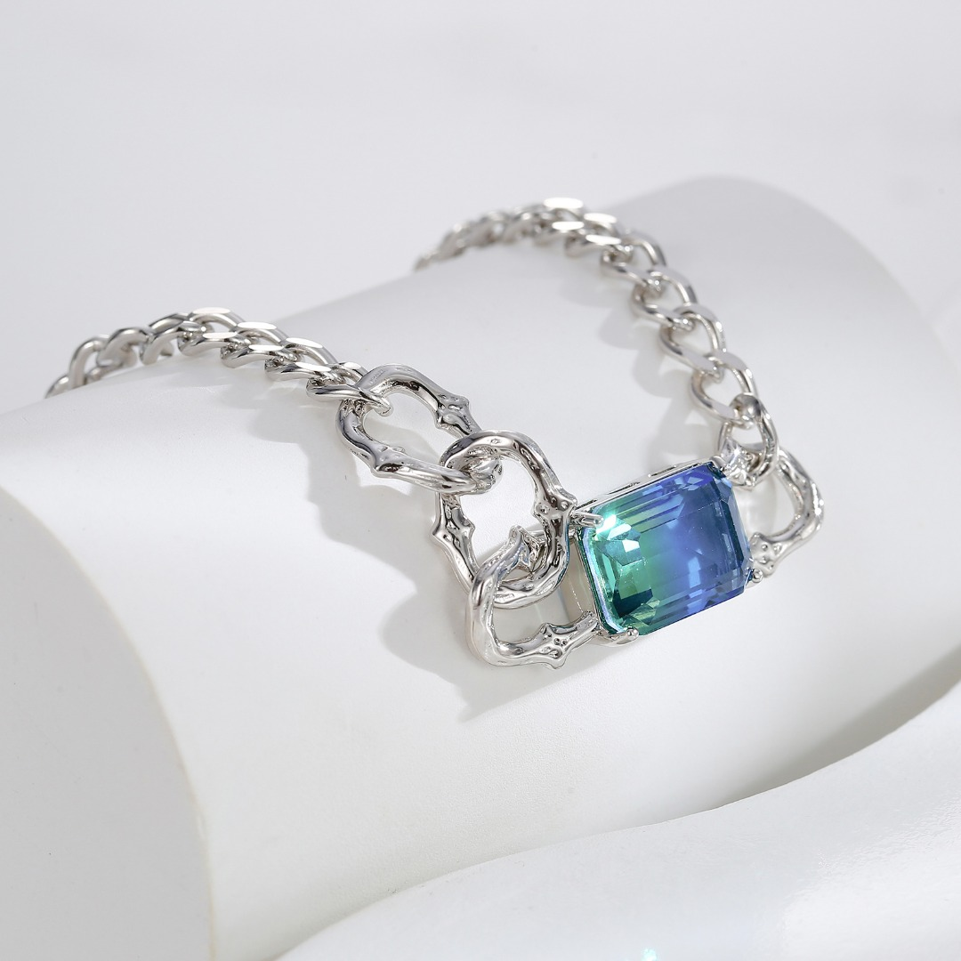 Blue-Green Emerald Cut Gemstone Pendant Necklace