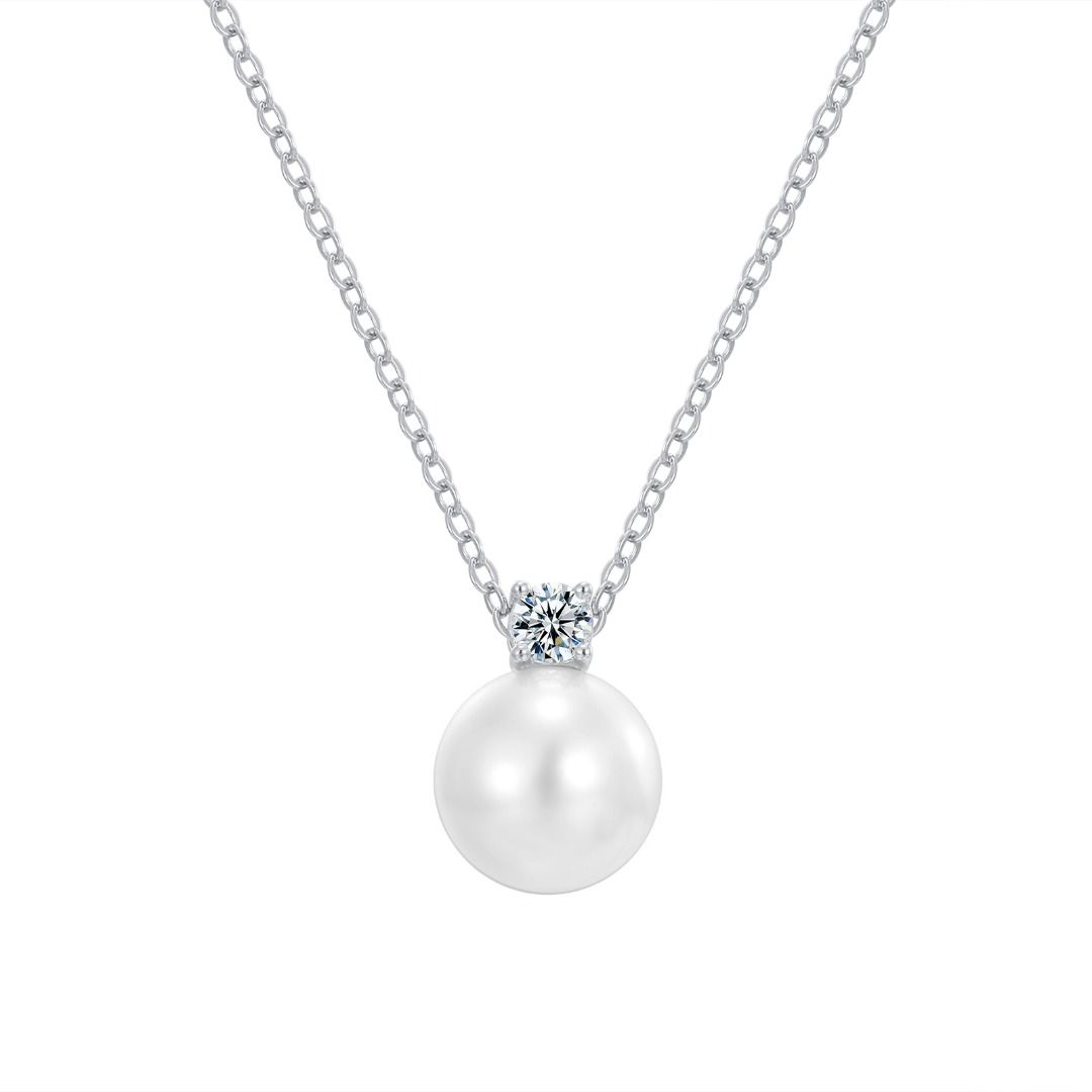 Silver-Tone Pearl Pendant Necklace with Cubic Zirconia Accent