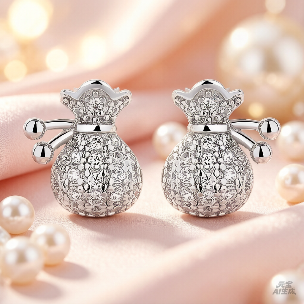 S925 Sterling Silver Pavé Money Bag / Fortune Bag Stud Earrings