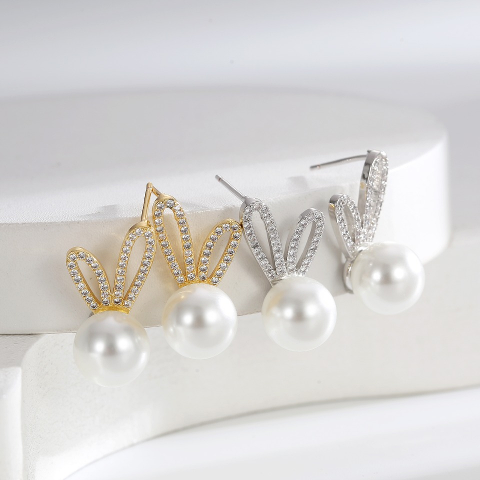 Gold Plated Bunny Ear Pearl Stud Earrings