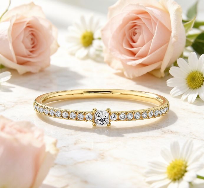 Gold Plated Princess Cut Half Eternity Stackable Ring