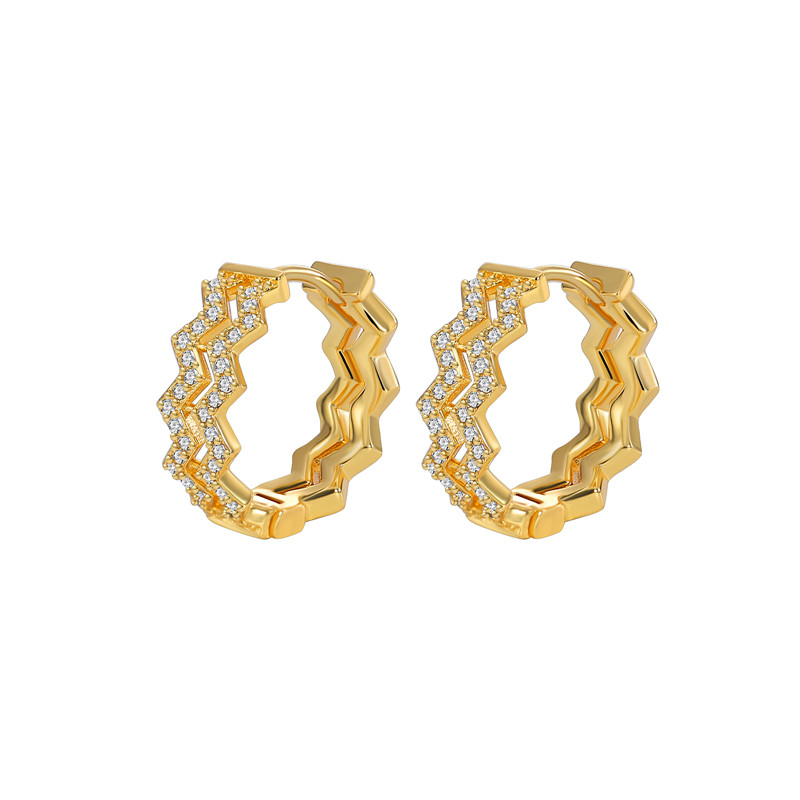 Gold - Plated Zigzag - Cut Hoop Earrings with Cubic Zirconia Accents
