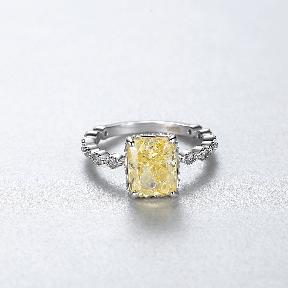 Sterling Silver Emerald Cut Yellow Gemstone Ring, 925 Silver Vintage Flower Halo Promise Ring, Dainty Cocktail Engagement Ring for Women