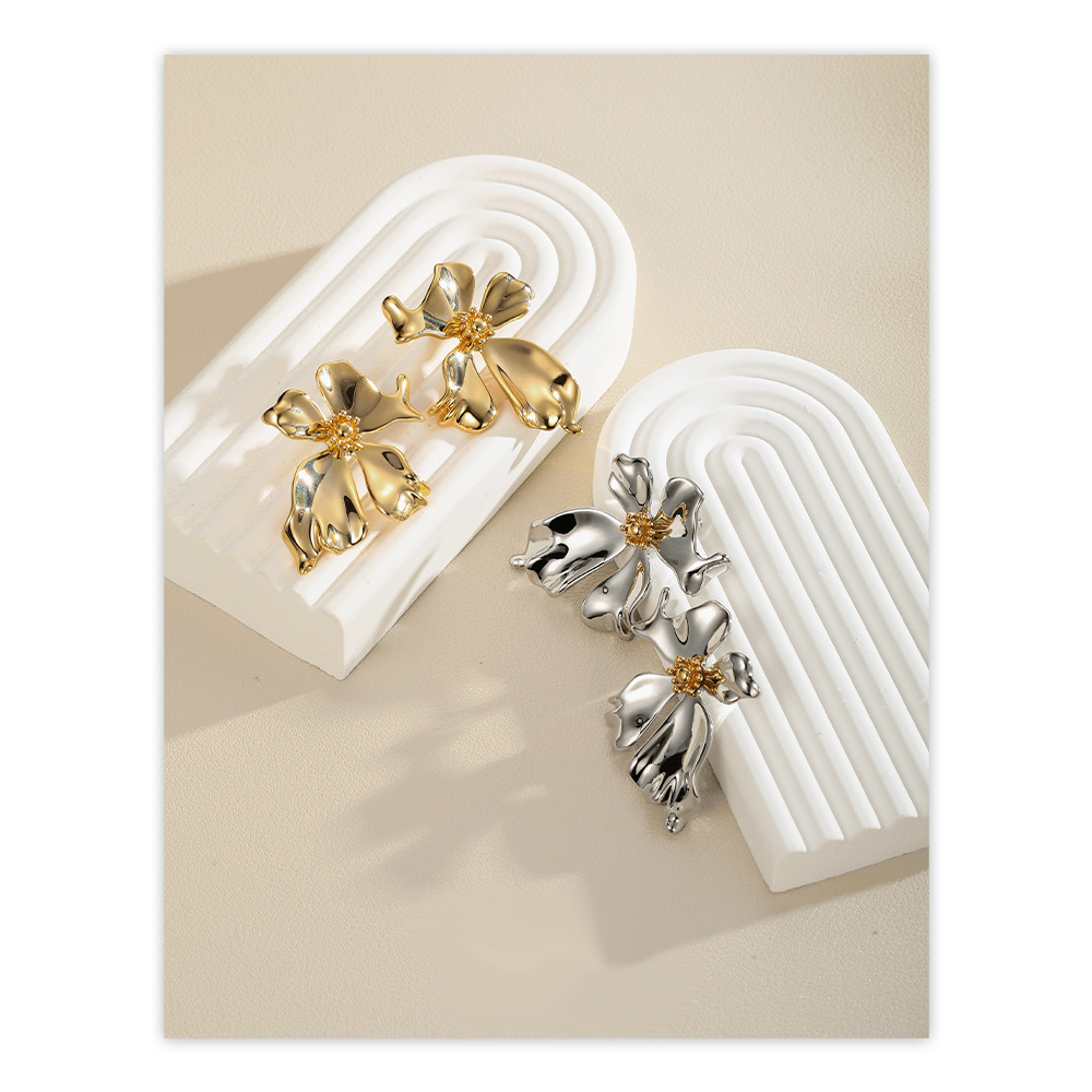 Heavy Metal Flower Earrings - Textured Gold Plated Copper Sculptural Studs for Women