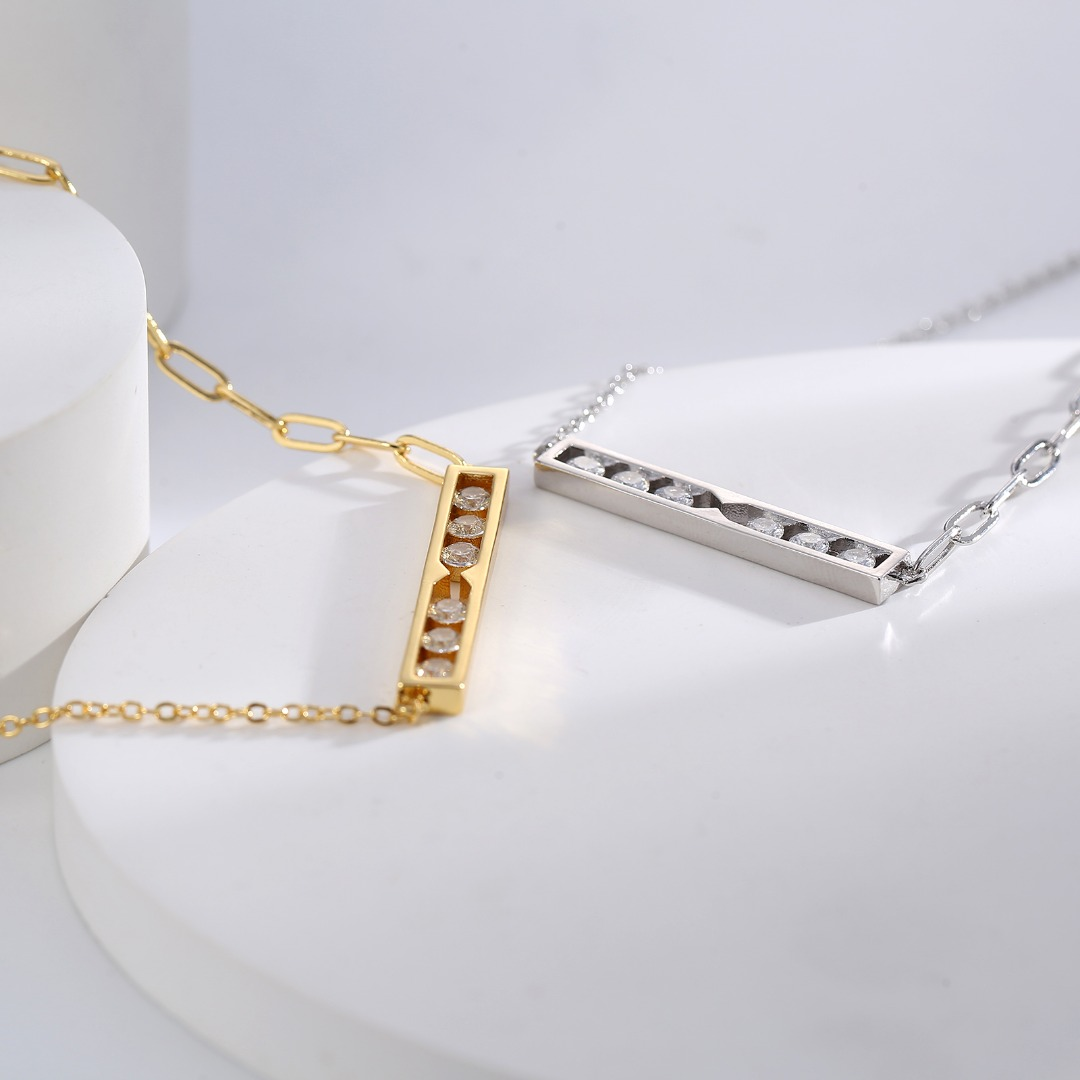 Two-Tone Gold Bar Necklace with Six Clustered Diamonds - Minimalist Mixed Metal Design
