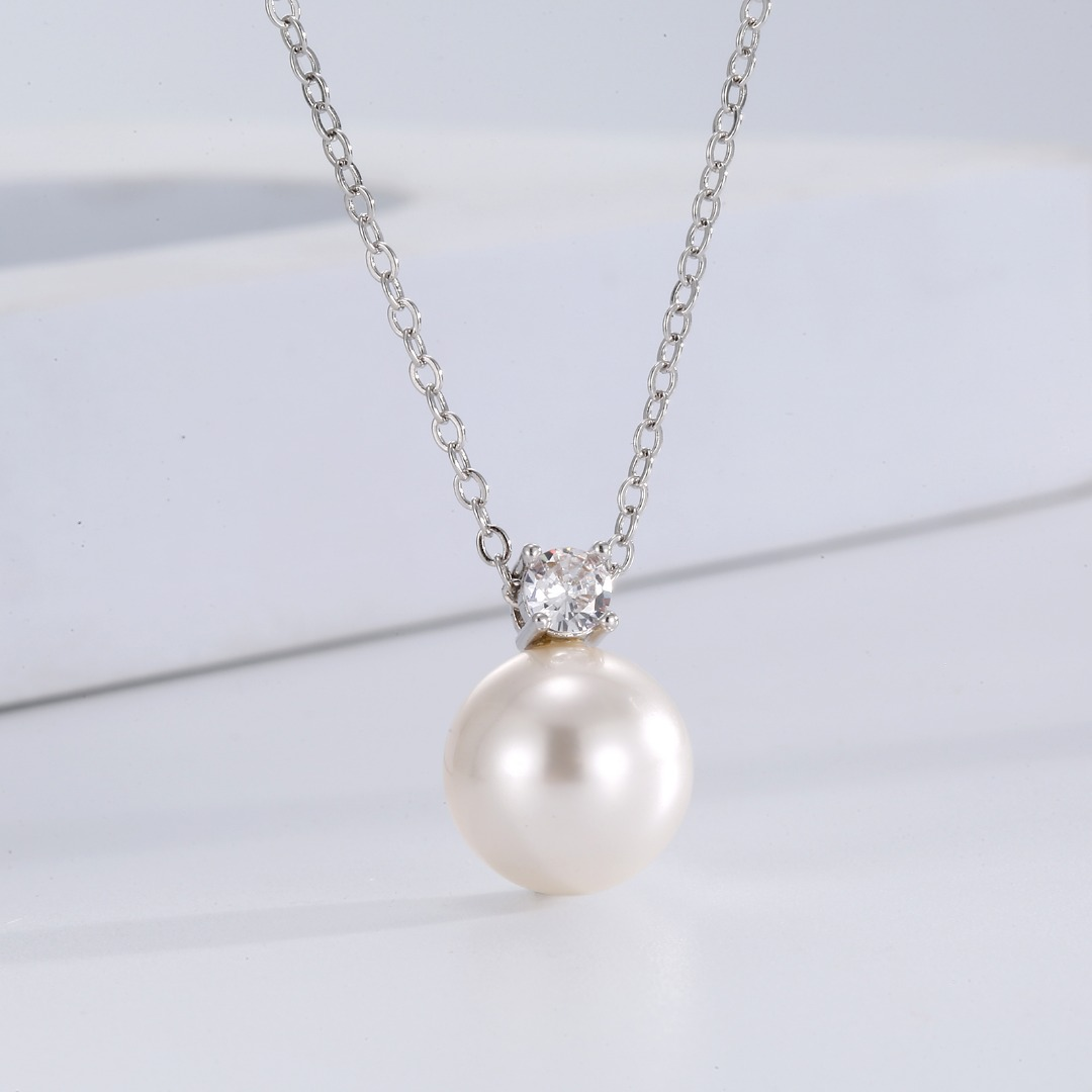 Silver-Tone Pearl Pendant Necklace with Cubic Zirconia Accent