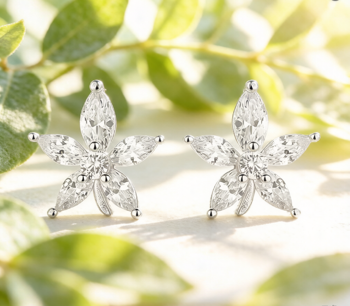 Sterling Silver Marquise Cut Flower Stud Earrings with Cubic Zirconia