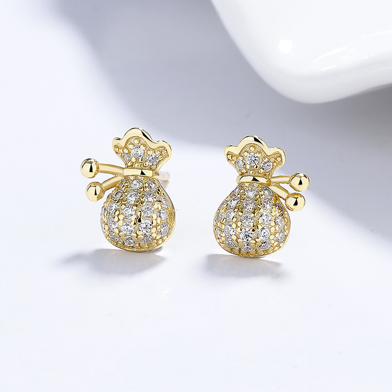 S925 Sterling Silver Pavé Money Bag / Fortune Bag Stud Earrings