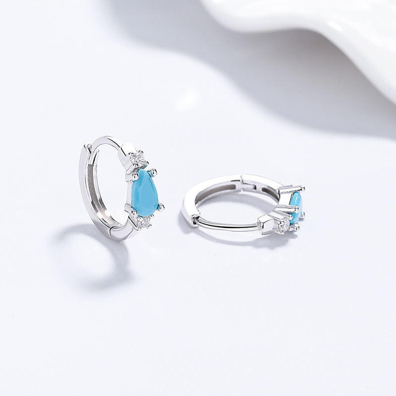 Sterling Silver Blue Teardrop CZ Huggie Hoop Earrings