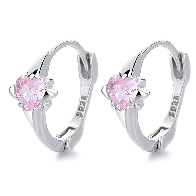 S925 Sterling Silver Pink Heart Huggie Hoop Earrings