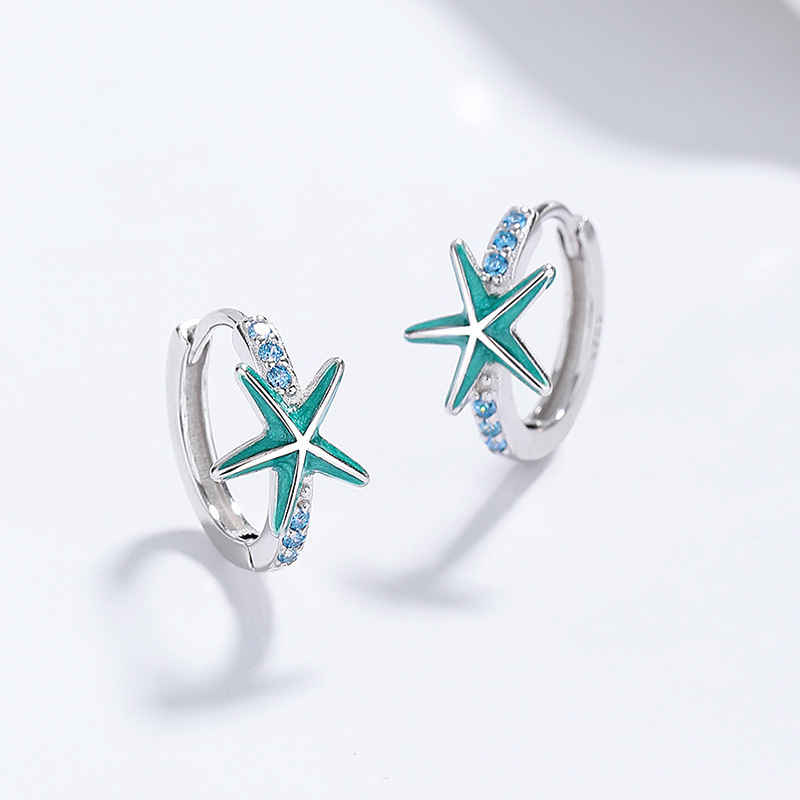 Starfish Hoop Earrings with Turquoise Enamel & Blue Crystal Accents