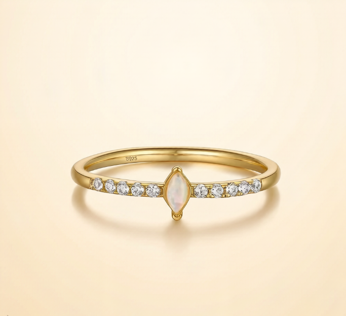 Elegant Gold Plated Sterling Silver Ring with Marquise Moonstone and Diamond Accents
