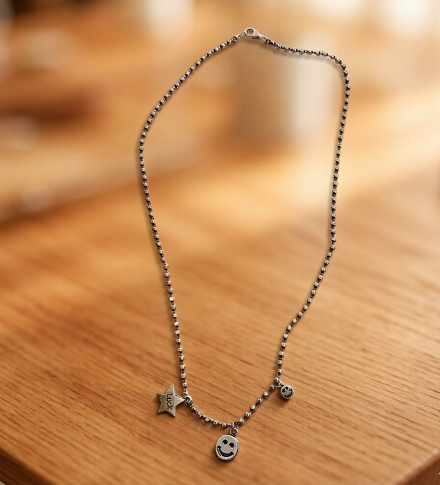 Vintage Smile Face & Star Pendant Necklace
