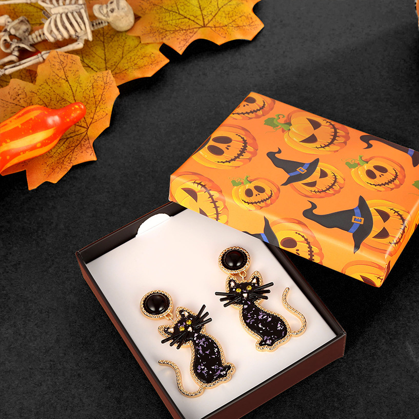 Whimsical Crystal Black Cat Drop Earrings in Copper with Gold Tone Accents