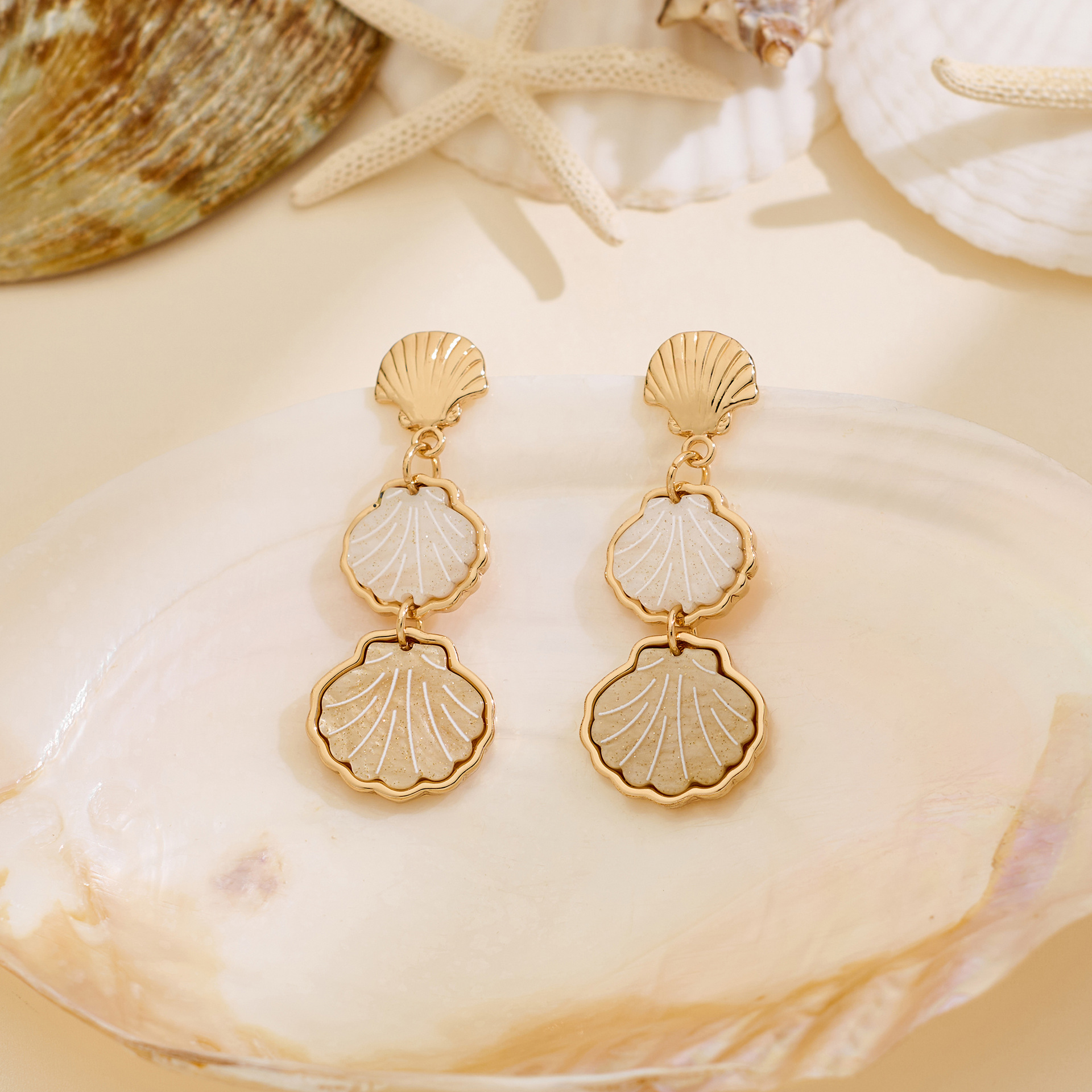Triple-Layered Gold-Tone Seashell Drop Earrings with Irregular Textured Fillings