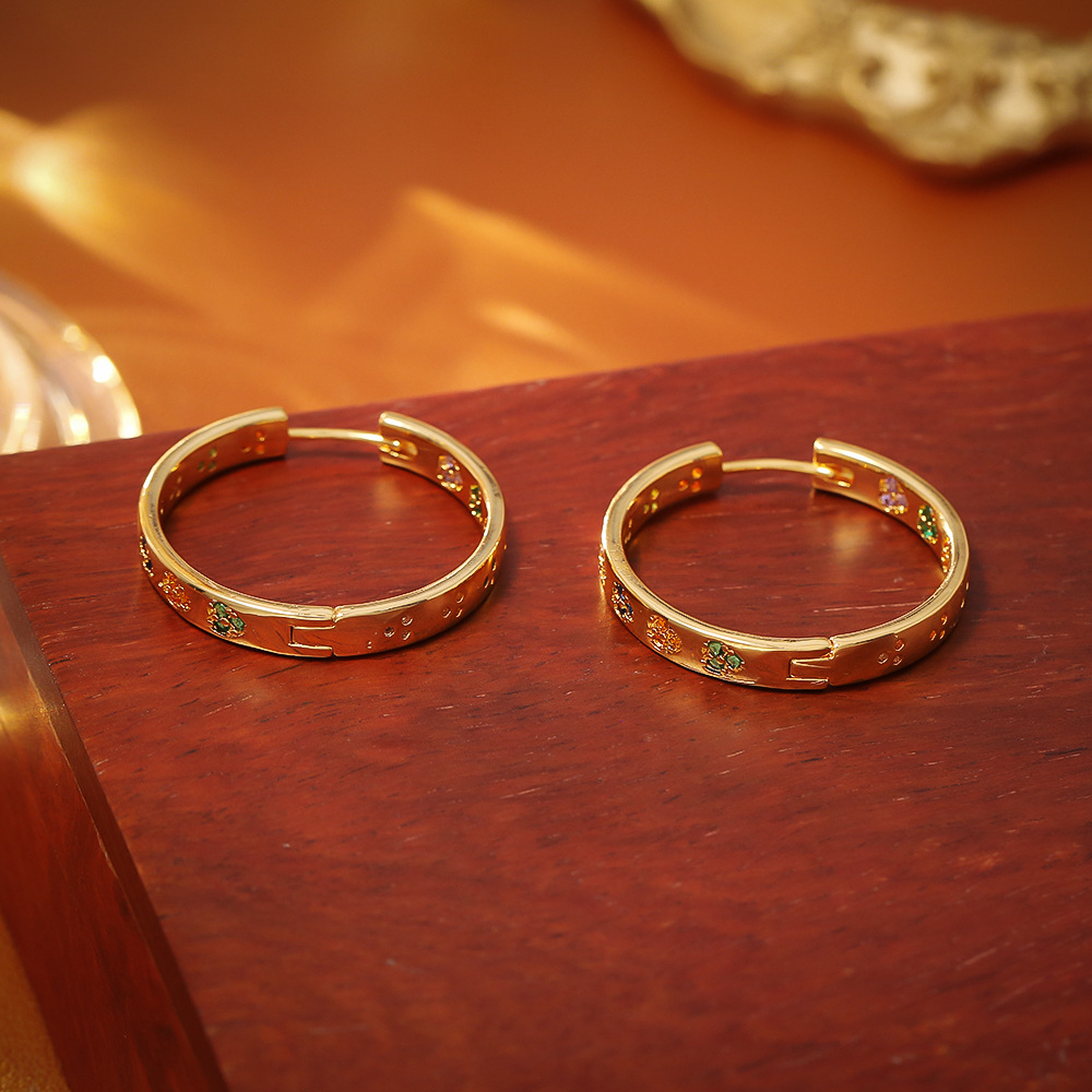 Colorful Crystal Inlaid Gold-Tone Hoop Earrings in Copper Material